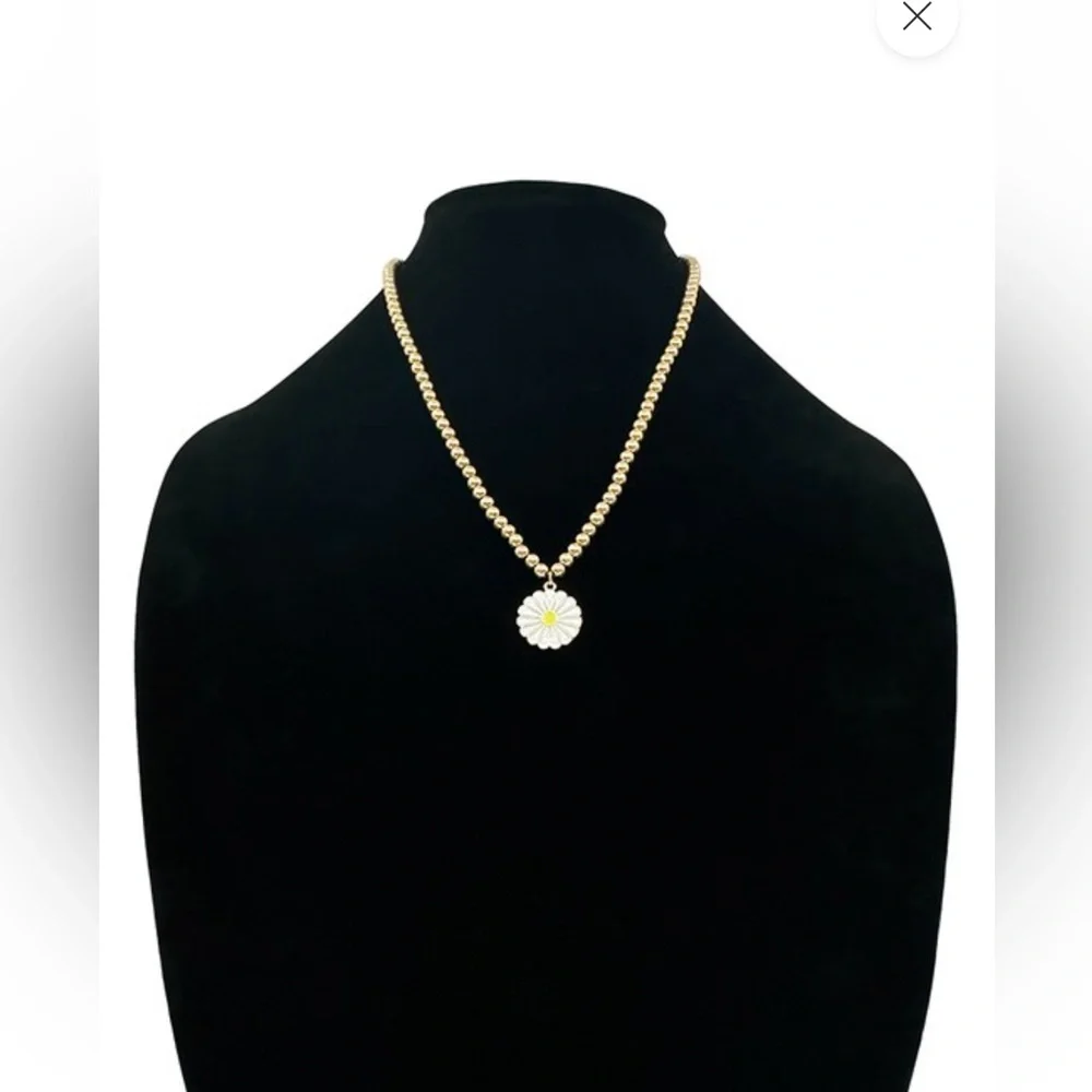 Gold Beaded Necklace with White Daisy Smile Pendant